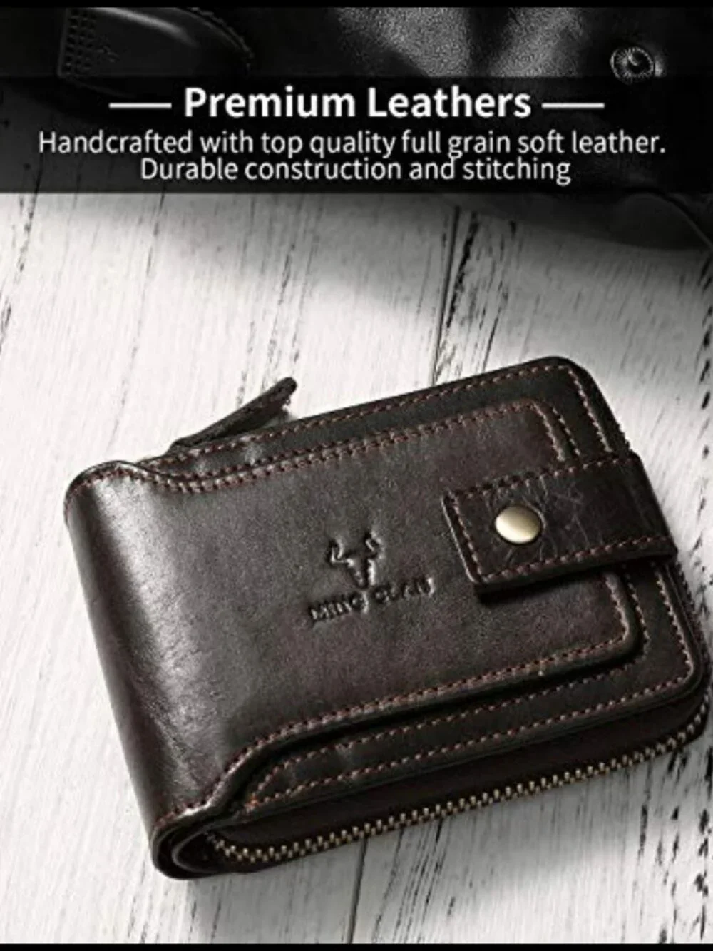 Full Grain Leather RFID Blocking Bifold Wallet for Men with Zipper and ID Window
